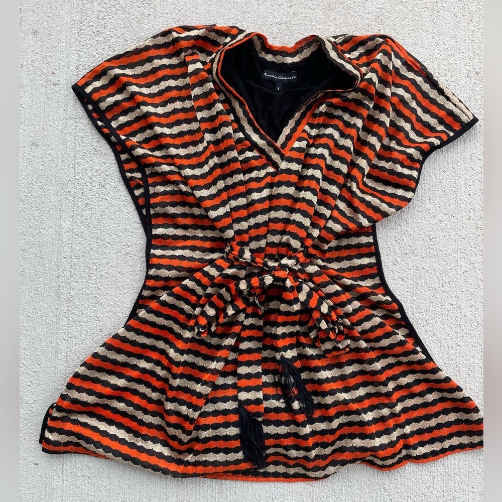Karina Grimaldi Metallic Stripe Wrap Mini Dress Small Tassel Tie Made USA boho